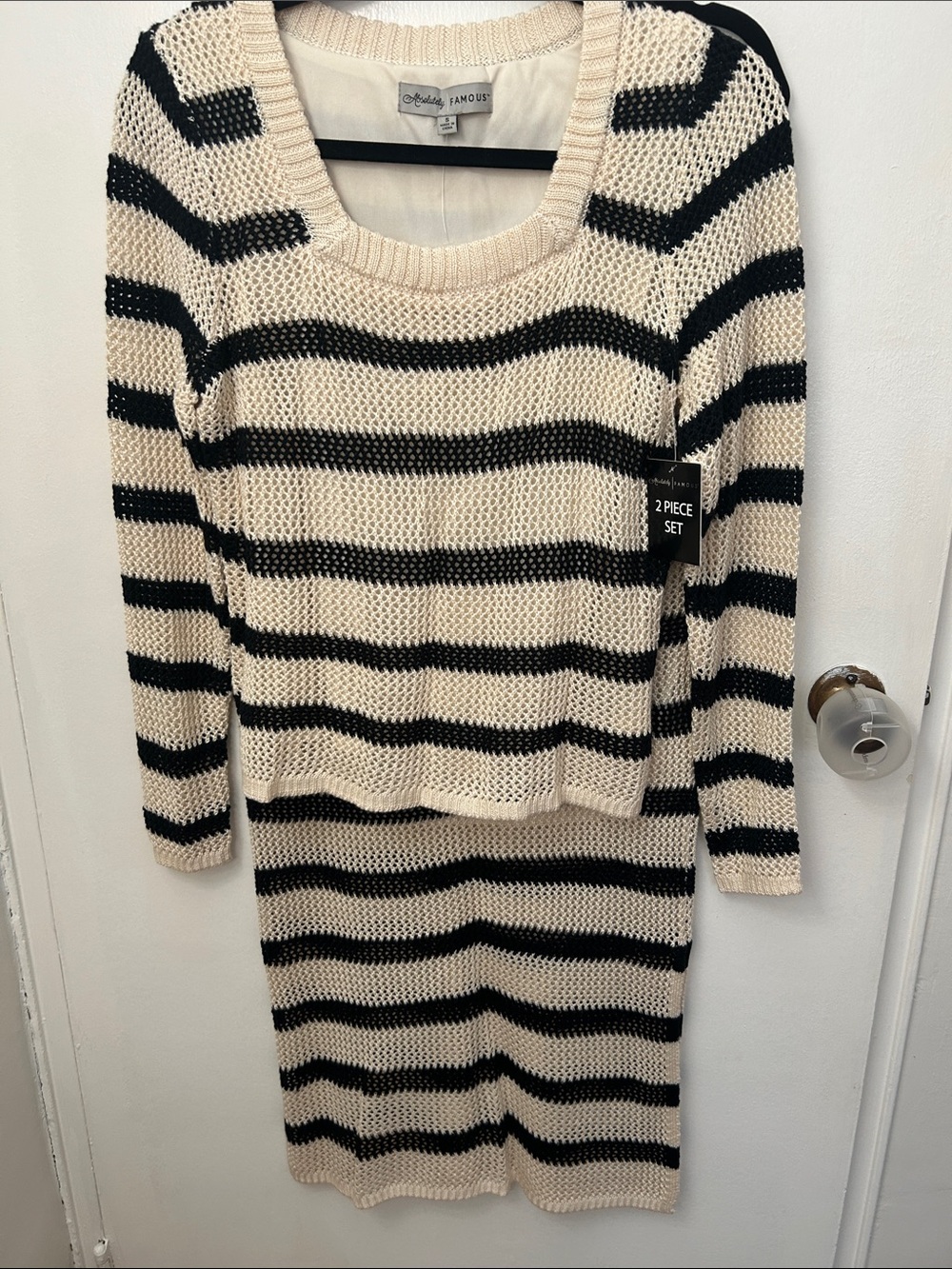 Absolutely Famous Black and Cream Striped Knit Sweater Set